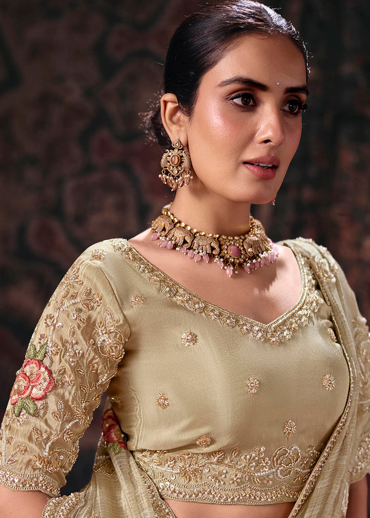 Buy Now Beige Heavy Designer Embroidery Wedding Wear Saree at Online in US, UK, Canada, France, Germany, Denmark, Sweden, Australia, UAE &amp; Worldwide at Empress.