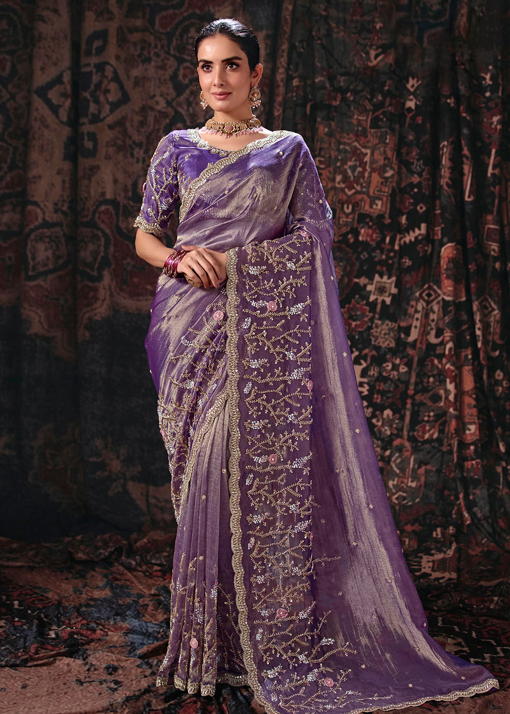 Buy Now Purple Heavy Designer Embroidery Wedding Wear Saree at Online in US, UK, Canada, France, Germany, Denmark, Sweden, Australia, UAE &amp; Worldwide at Empress.