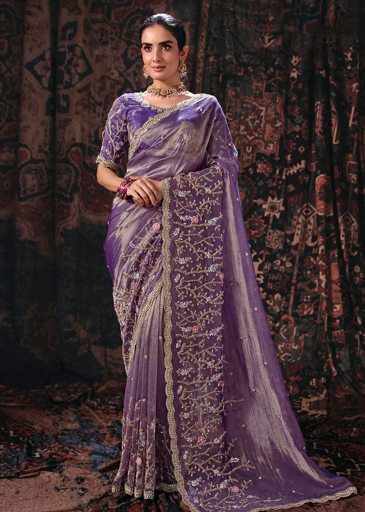 Buy Now Purple Heavy Designer Embroidery Wedding Wear Saree at Online in US, UK, Canada, France, Germany, Denmark, Sweden, Australia, UAE &amp; Worldwide at Empress.