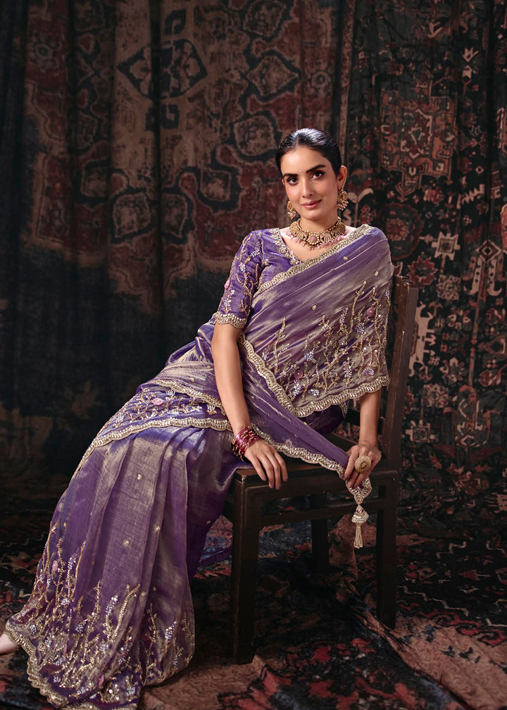Buy Now Purple Heavy Designer Embroidery Wedding Wear Saree at Online in US, UK, Canada, France, Germany, Denmark, Sweden, Australia, UAE &amp; Worldwide at Empress.