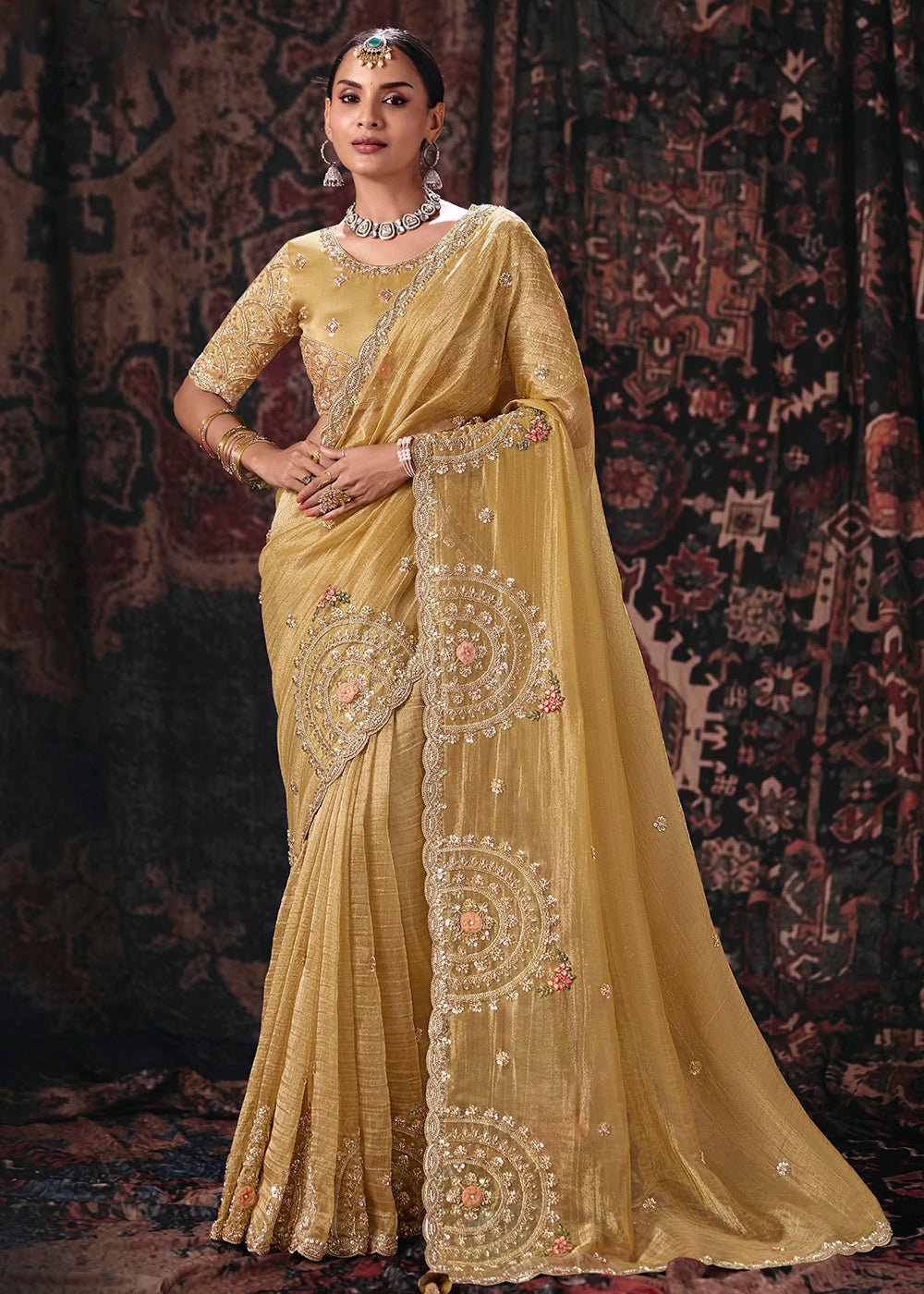 Buy Now Yellow Heavy Designer Embroidery Wedding Wear Saree at Online in US, UK, Canada, France, Germany, Denmark, Sweden, Australia, UAE &amp; Worldwide at Empress