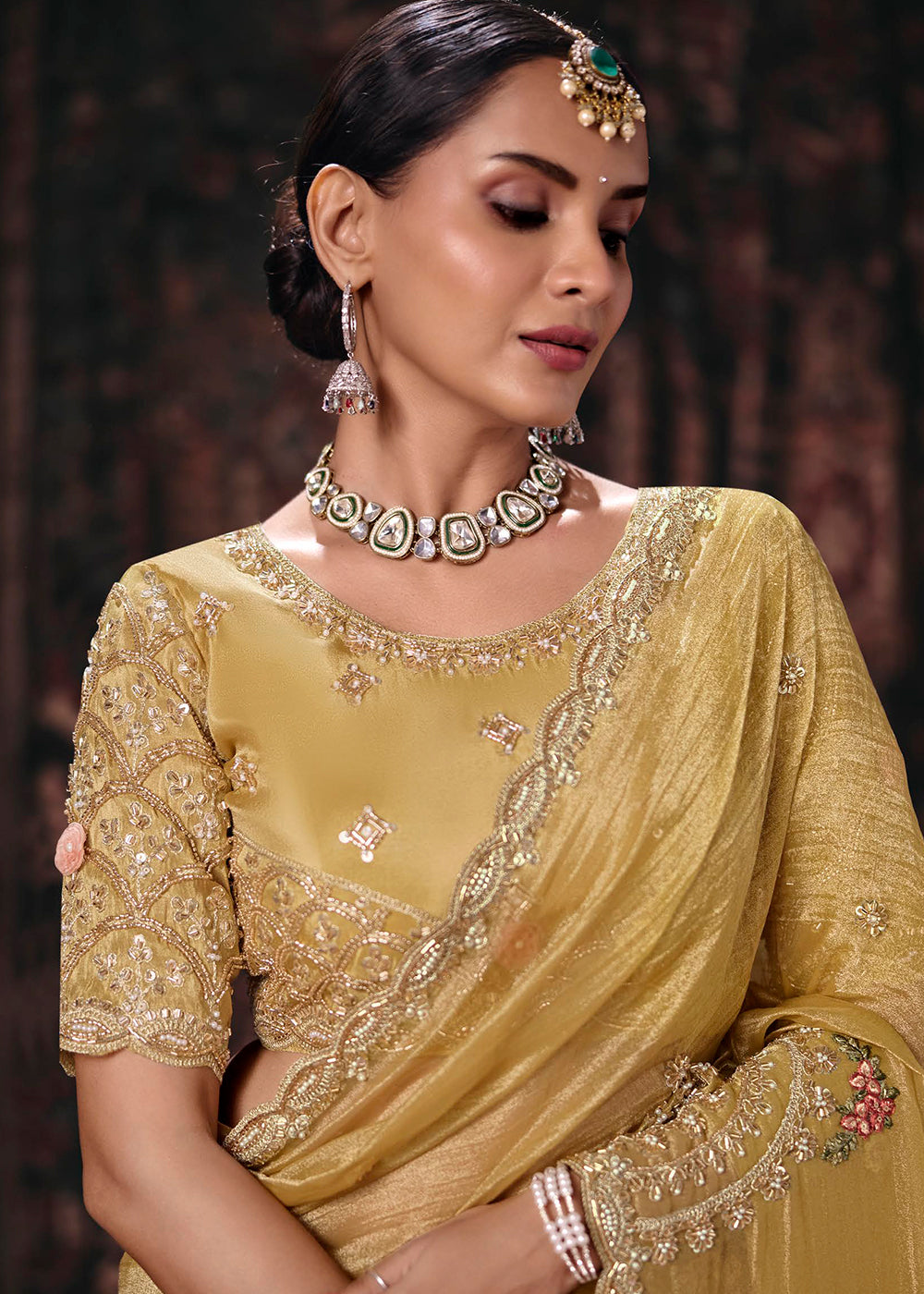 Buy Now Yellow Heavy Designer Embroidery Wedding Wear Saree at Online in US, UK, Canada, France, Germany, Denmark, Sweden, Australia, UAE &amp; Worldwide at Empress