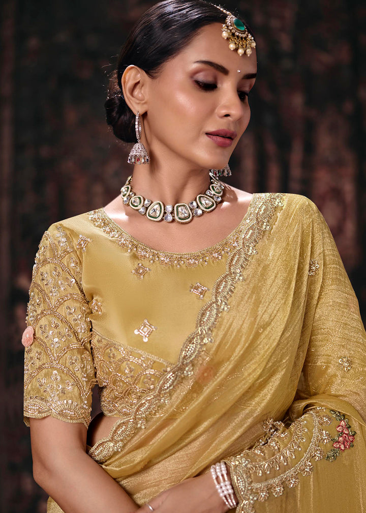 Buy Now Yellow Heavy Designer Embroidery Wedding Wear Saree at Online in US, UK, Canada, France, Germany, Denmark, Sweden, Australia, UAE &amp; Worldwide at Empress