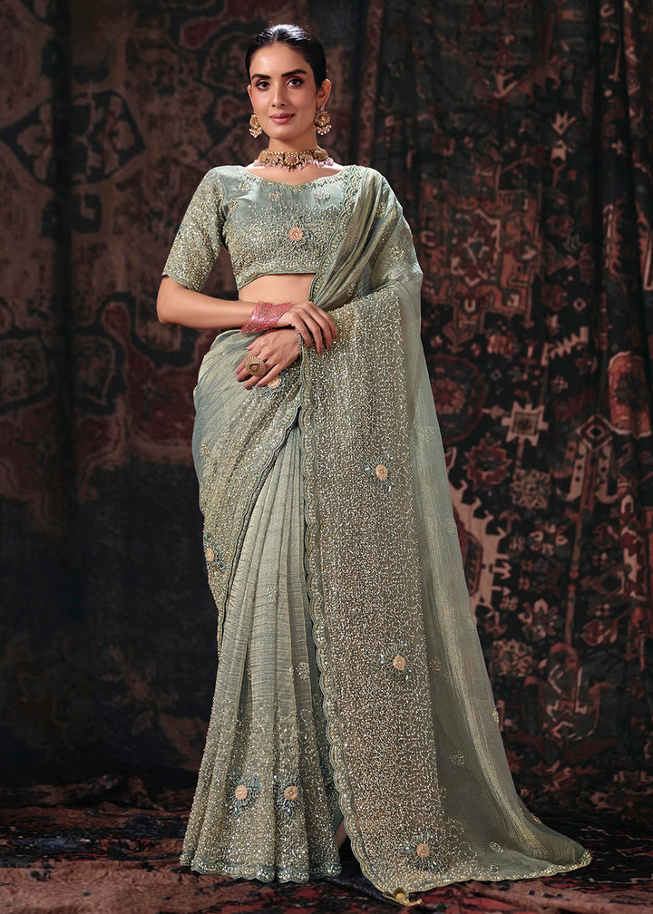 Buy Now Grey Heavy Designer Embroidery Wedding Wear Saree at Online in US, UK, Canada, France, Germany, Denmark, Sweden, Australia, UAE &amp; Worldwide at Empress.