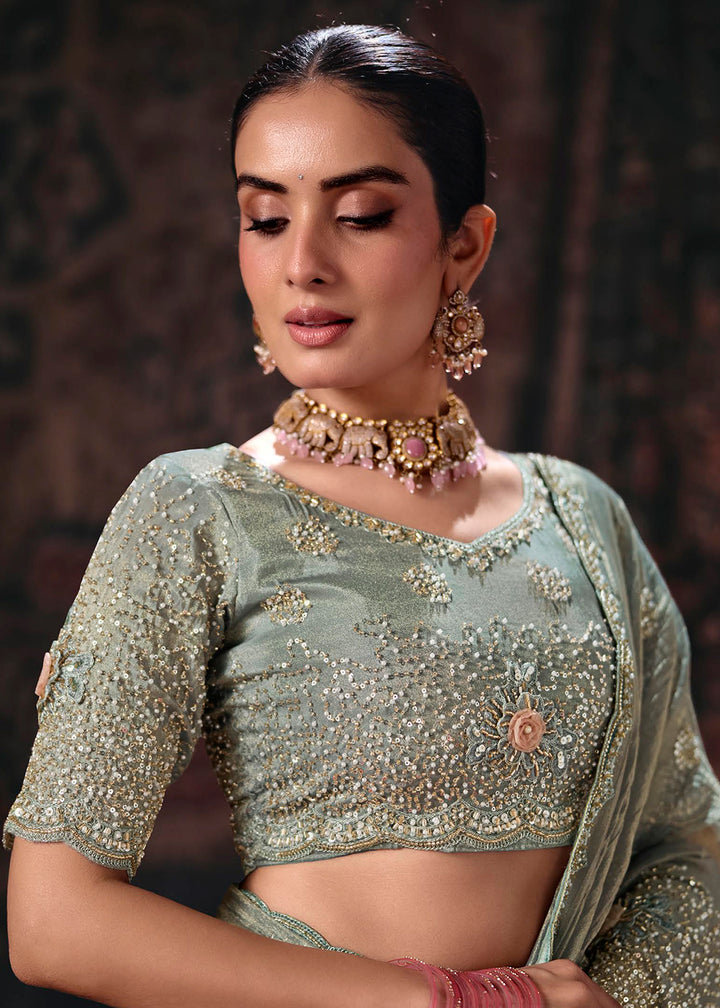 Buy Now Grey Heavy Designer Embroidery Wedding Wear Saree at Online in US, UK, Canada, France, Germany, Denmark, Sweden, Australia, UAE &amp; Worldwide at Empress.