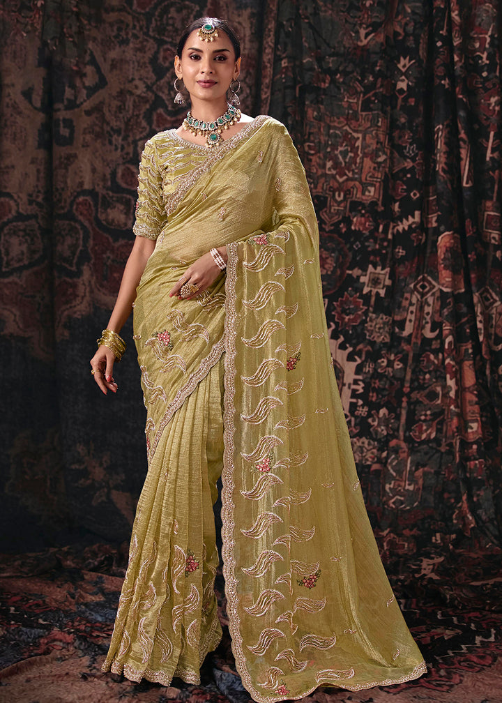 Buy Now Green Heavy Designer Embroidery Wedding Wear Saree at Online in US, UK, Canada, France, Germany, Denmark, Sweden, Australia, UAE &amp; Worldwide at Empress.