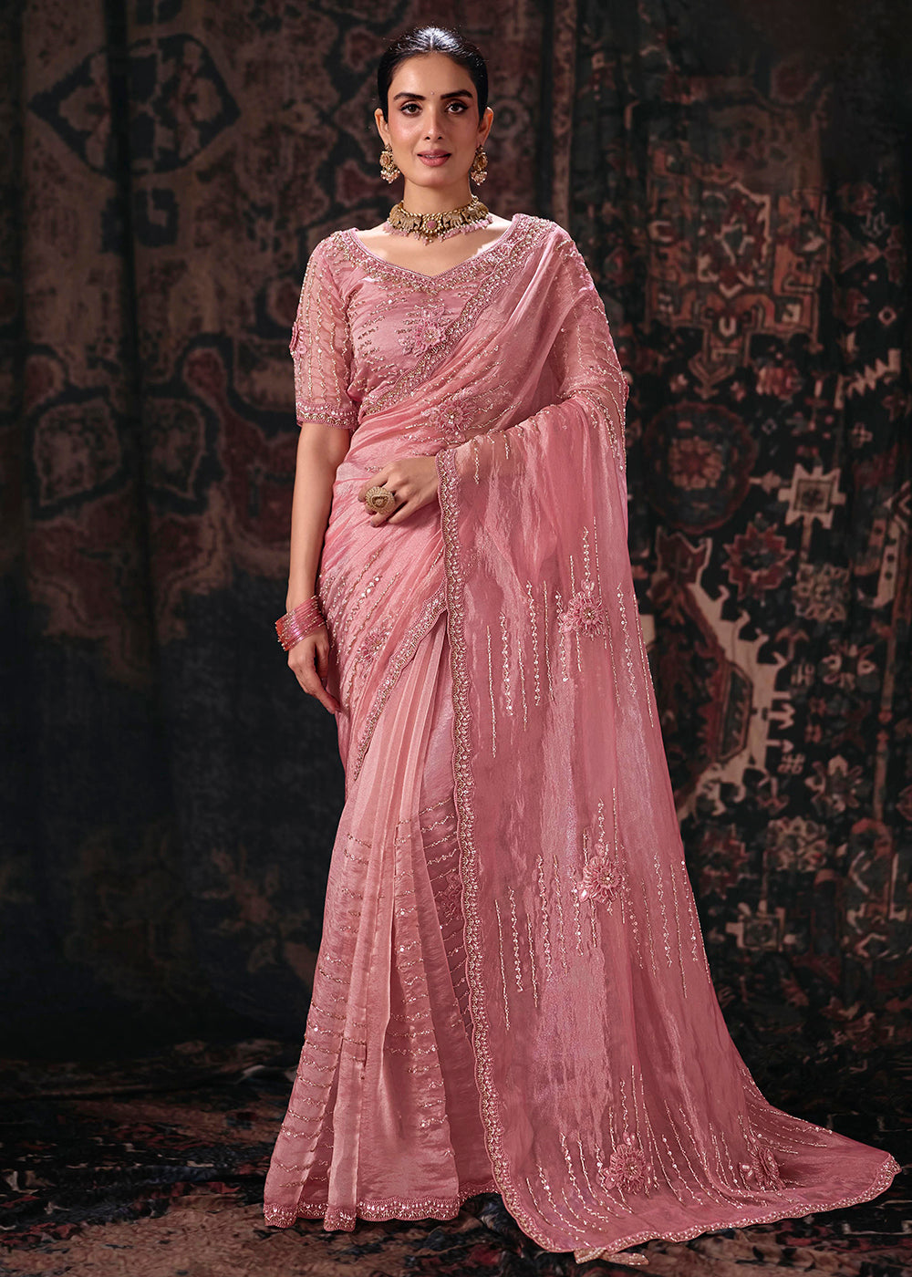 Buy Now Pink Heavy Designer Embroidery Wedding Wear Saree at Online in US, UK, Canada, France, Germany, Denmark, Sweden, Australia, UAE &amp; Worldwide at Empress.