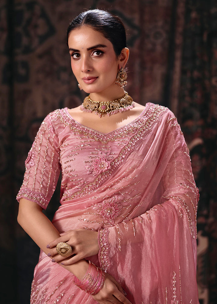 Buy Now Pink Heavy Designer Embroidery Wedding Wear Saree at Online in US, UK, Canada, France, Germany, Denmark, Sweden, Australia, UAE &amp; Worldwide at Empress.