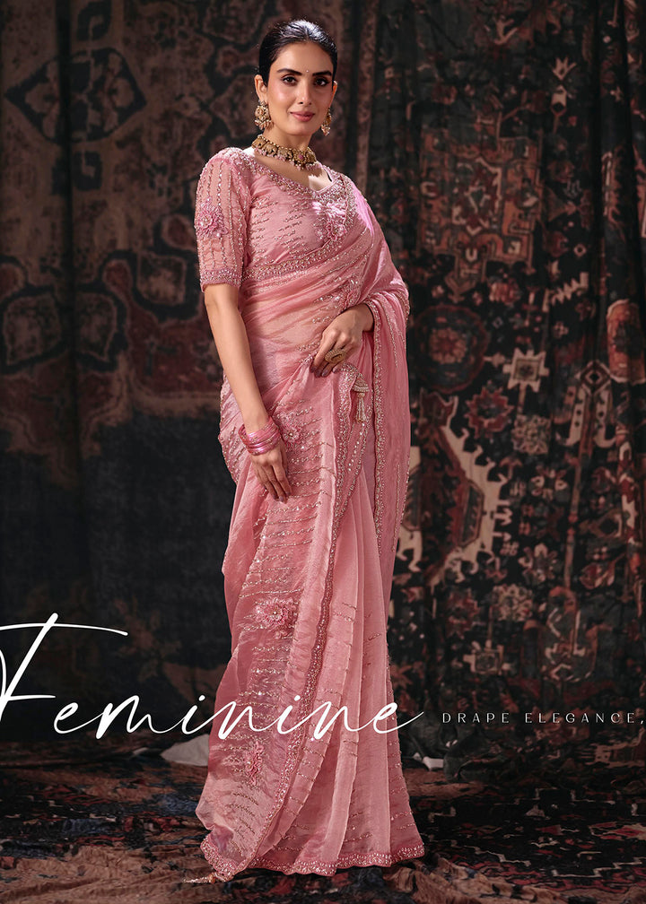 Buy Now Pink Heavy Designer Embroidery Wedding Wear Saree at Online in US, UK, Canada, France, Germany, Denmark, Sweden, Australia, UAE &amp; Worldwide at Empress.
