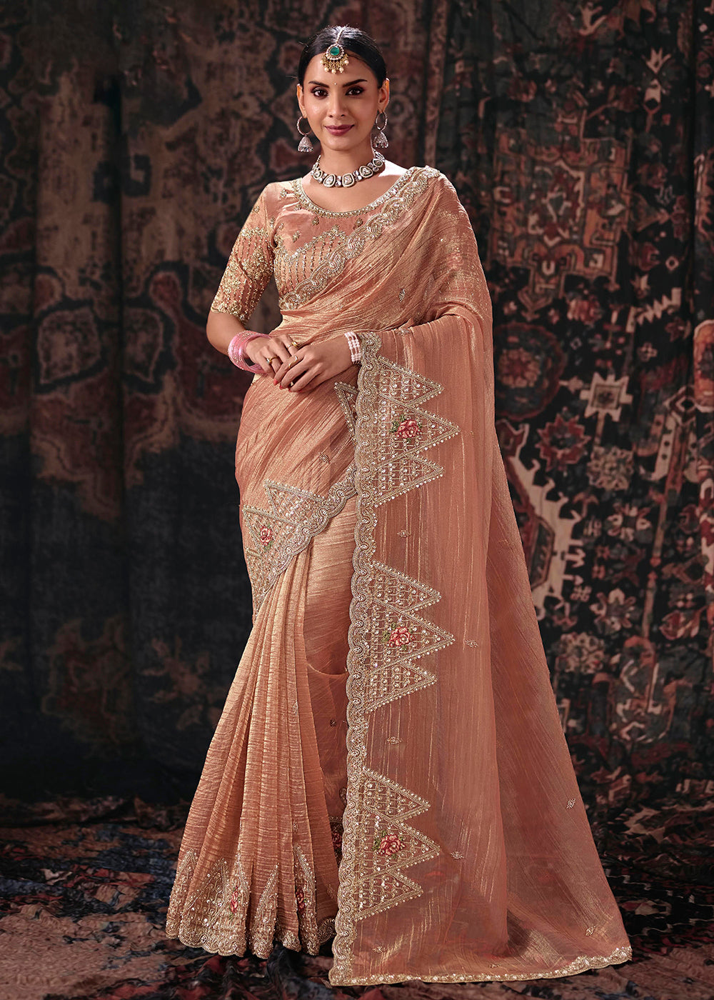 Buy Now Peach Heavy Designer Embroidery Wedding Wear Saree at Online in US, UK, Canada, France, Germany, Denmark, Sweden, Australia, UAE & Worldwide at Empress.