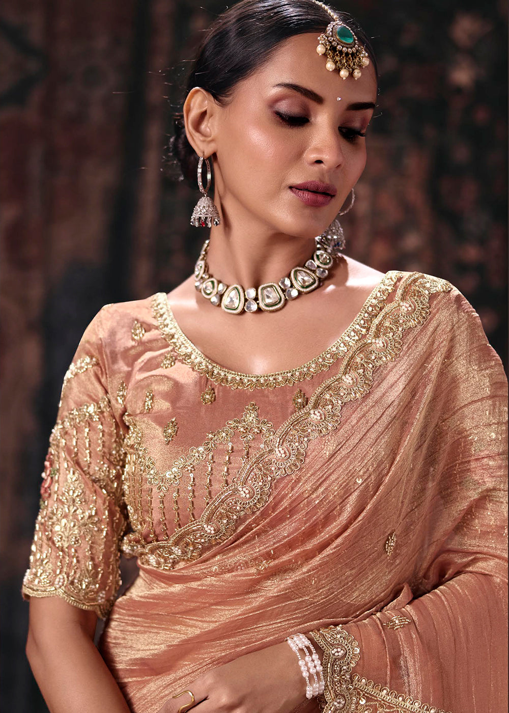 Buy Now Peach Heavy Designer Embroidery Wedding Wear Saree at Online in US, UK, Canada, France, Germany, Denmark, Sweden, Australia, UAE & Worldwide at Empress.