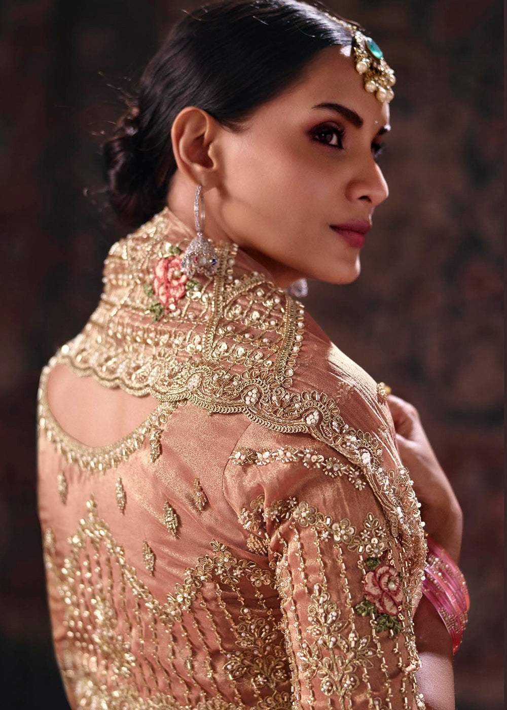 Buy Now Peach Heavy Designer Embroidery Wedding Wear Saree at Online in US, UK, Canada, France, Germany, Denmark, Sweden, Australia, UAE &amp; Worldwide at Empress.
