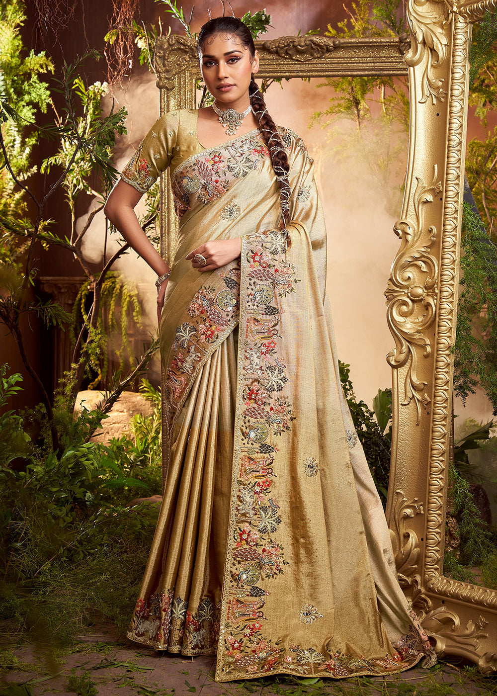 Buy Beige Viscose Silk Heavy Embroidered Wedding Saree Online in US, UK, Canada, France, Germany, Denmark, Netherlands, Sweden, Greece & Worldwide at Empress.