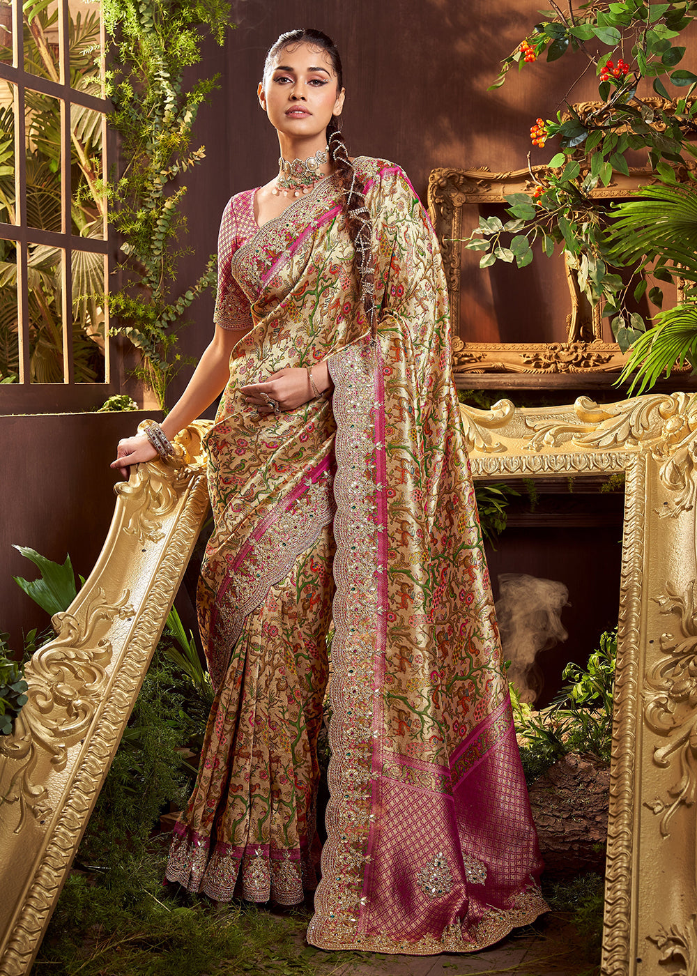 Buy Beige Pink Viscose Silk Heavy Embroidered Wedding Saree Online in US, UK, Canada, France, Germany, Denmark, Netherlands, Sweden, UAE & Worldwide at Empress.