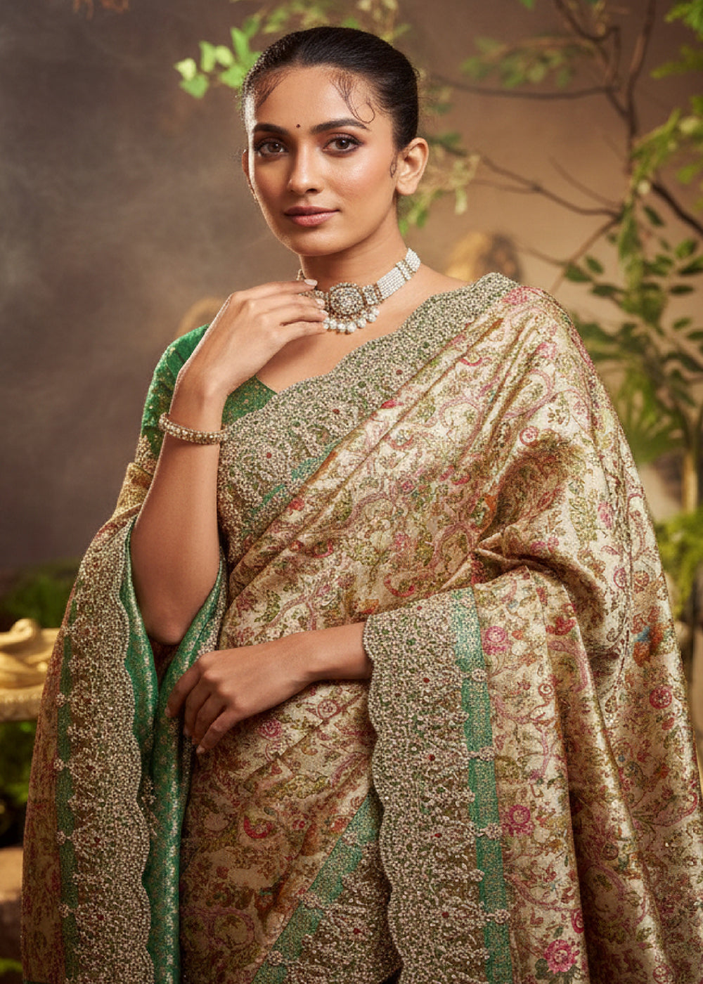 Buy Beige Green Viscose Silk Heavy Embroidered Wedding Saree Online in US, UK, Canada, France, Germany, Denmark, Netherlands, Sweden, UAE & Worldwide at Empress.