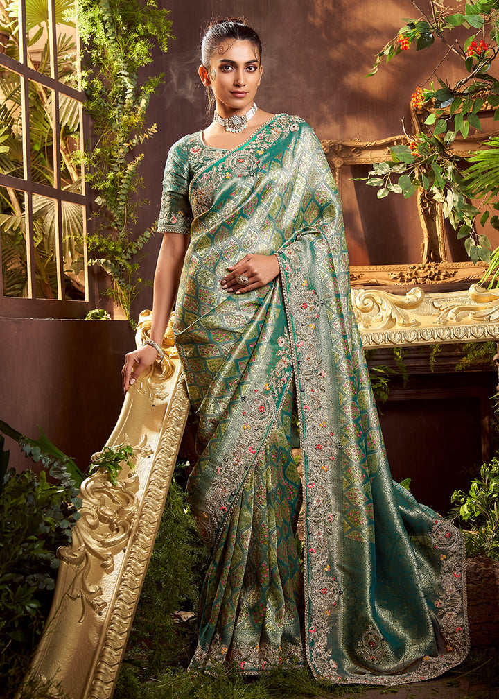 Buy Now Green Viscose Silk Heavy Embroidered Wedding Saree Online in US, UK, Canada, France, Germany, Denmark, Netherlands, Sweden, UAE & Worldwide at Empress.