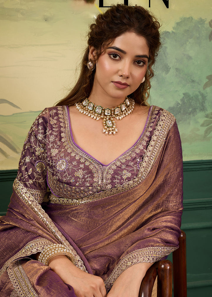 Buy Now High Shine Purple Velvet Chiffon Wedding Wear Saree Online in US, UK, Canada, France, Germany, Denmark, Sweden, Italy, Greece &amp; Worldwide at Empress.