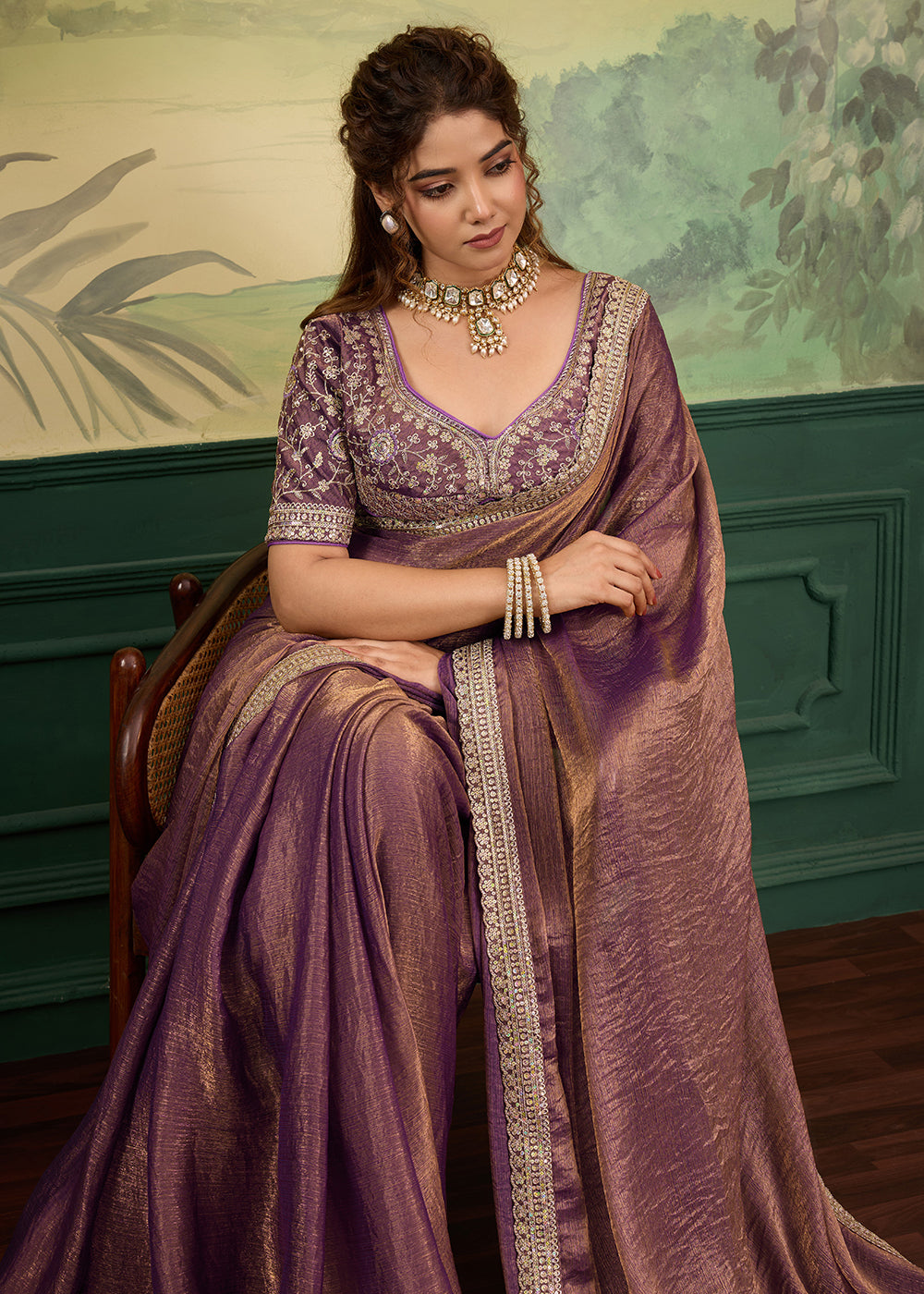 Buy Now High Shine Purple Velvet Chiffon Wedding Wear Saree Online in US, UK, Canada, France, Germany, Denmark, Sweden, Italy, Greece &amp; Worldwide at Empress.