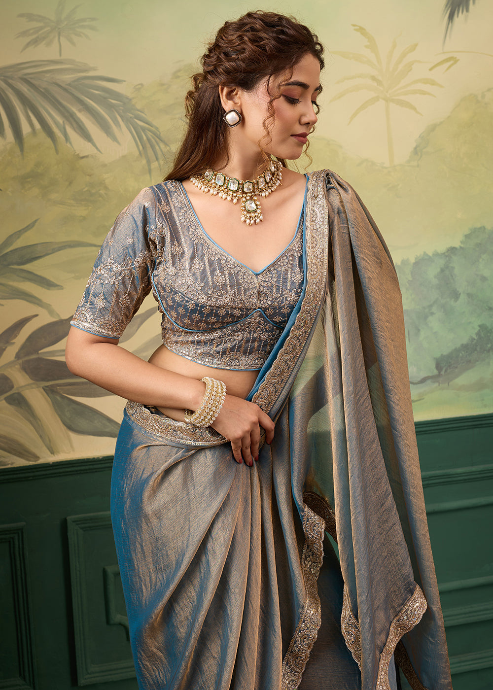 Buy Now High Shine Blue Velvet Chiffon Wedding Wear Saree Online in US, UK, Canada, France, Germany, Denmark, Sweden, Italy, Greece, UAE & Worldwide at Empress.
