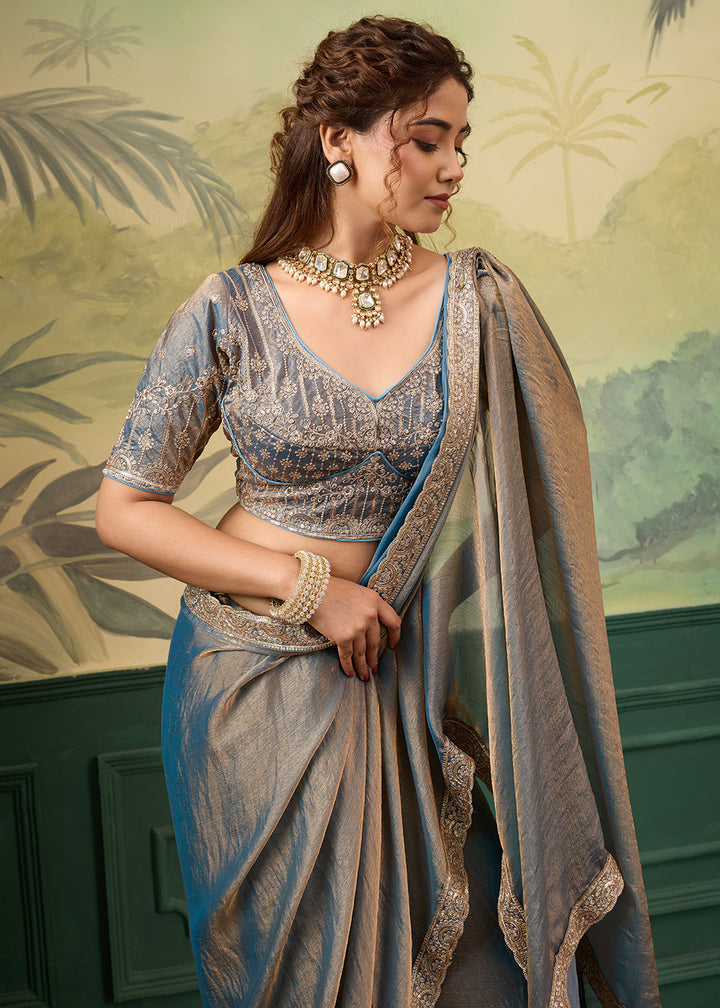 Buy Now High Shine Blue Velvet Chiffon Wedding Wear Saree Online in US, UK, Canada, France, Germany, Denmark, Sweden, Italy, Greece, UAE &amp; Worldwide at Empress.
