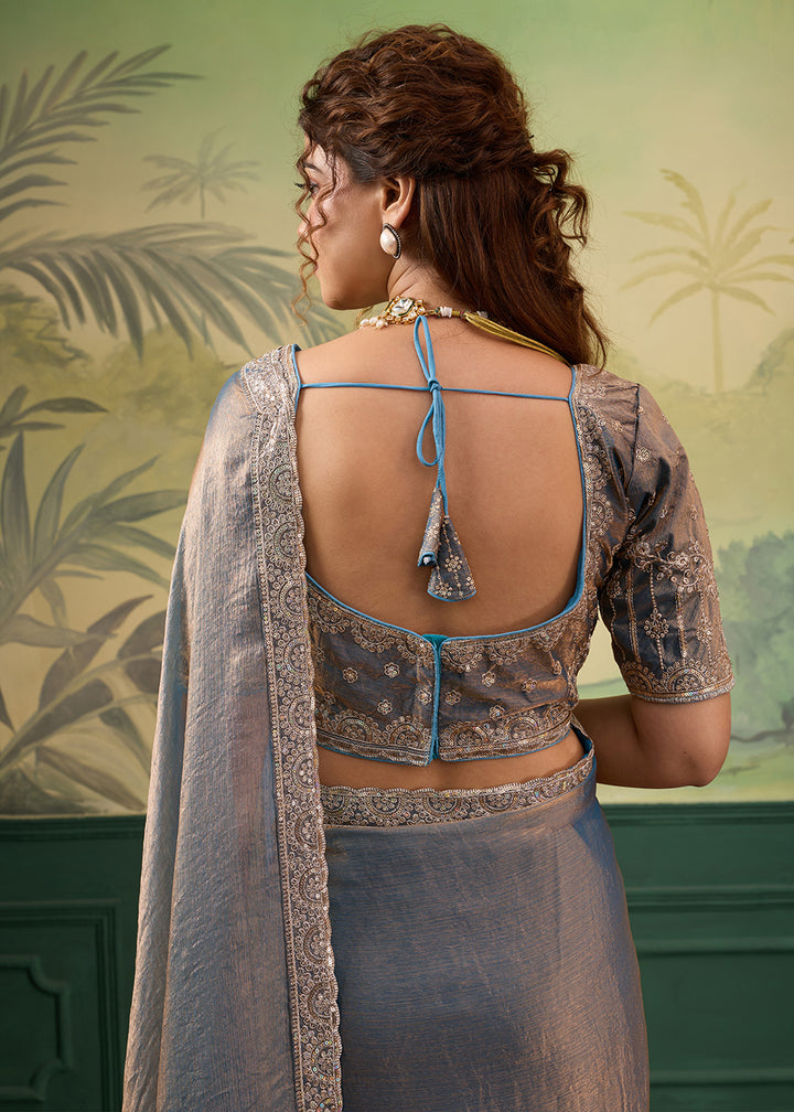 Buy Now High Shine Blue Velvet Chiffon Wedding Wear Saree Online in US, UK, Canada, France, Germany, Denmark, Sweden, Italy, Greece, UAE &amp; Worldwide at Empress.