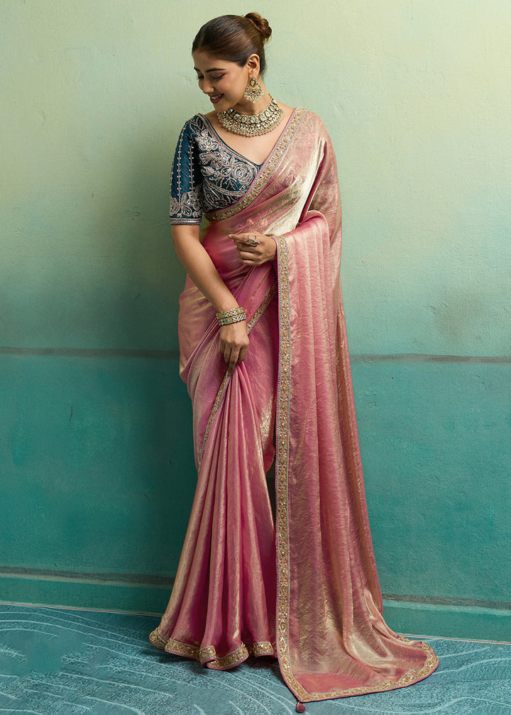 Buy Now Pink &amp; Blue Silky Velvet Satin Wedding Designer Saree Online in US, UK, Canada, France, Germany, Denmark, Sweden, Italy, Greece &amp; Worldwide at Empress.