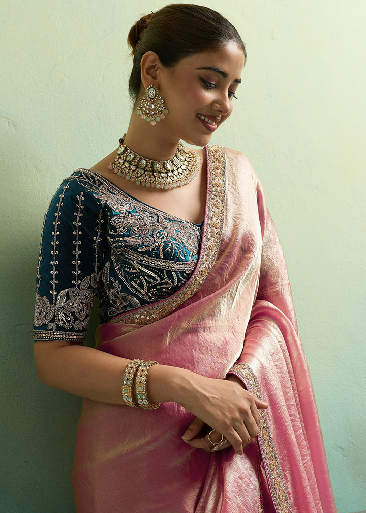 Buy Now Pink &amp; Blue Silky Velvet Satin Wedding Designer Saree Online in US, UK, Canada, France, Germany, Denmark, Sweden, Italy, Greece &amp; Worldwide at Empress.