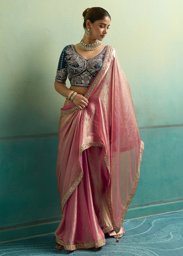 Buy Now Pink &amp; Blue Silky Velvet Satin Wedding Designer Saree Online in US, UK, Canada, France, Germany, Denmark, Sweden, Italy, Greece &amp; Worldwide at Empress.
