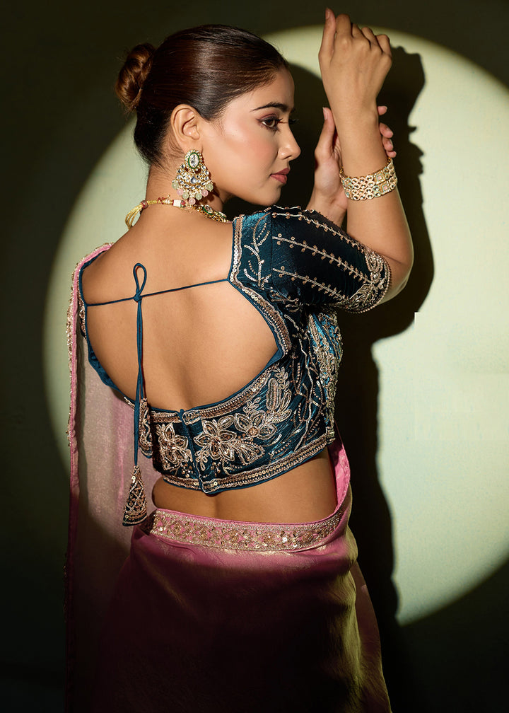 Buy Now Pink &amp; Blue Silky Velvet Satin Wedding Designer Saree Online in US, UK, Canada, France, Germany, Denmark, Sweden, Italy, Greece &amp; Worldwide at Empress.