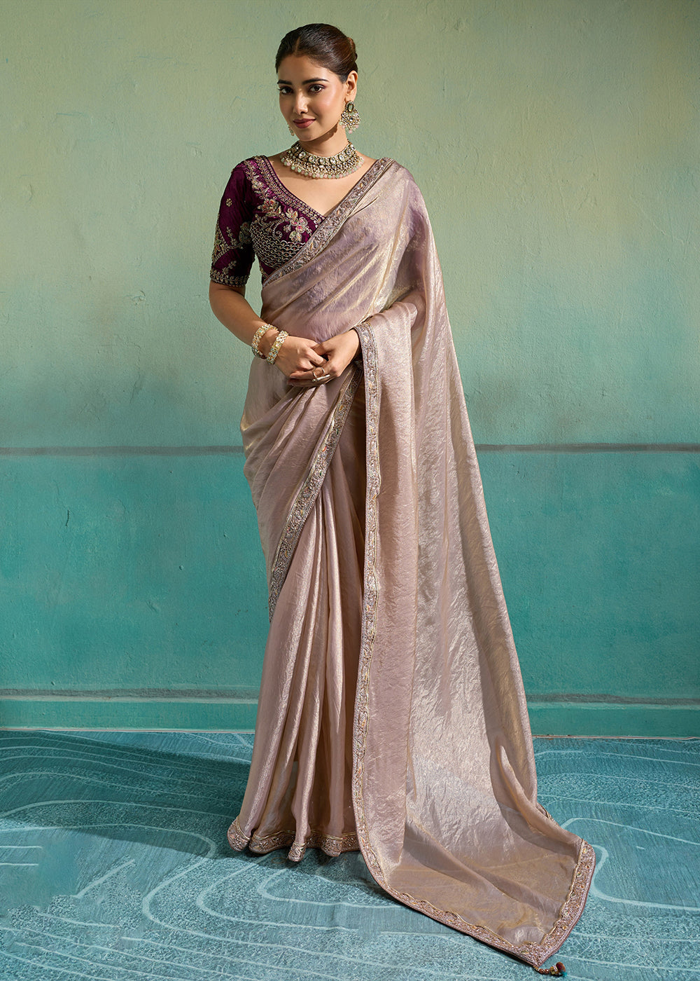 Buy Now Beige &amp; Purple Silky Velvet Satin Wedding Designer Saree Online in US, UK, Canada, France, Germany, Denmark, Sweden, Italy, UAE &amp; Worldwide at Empress.