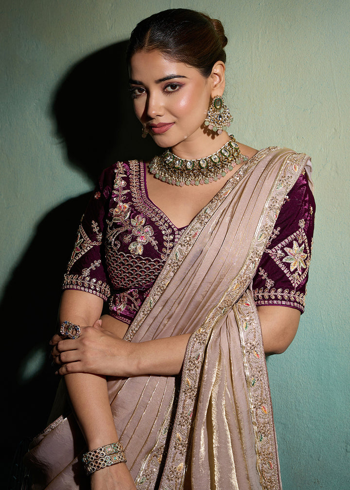 Buy Now Beige &amp; Purple Silky Velvet Satin Wedding Designer Saree Online in US, UK, Canada, France, Germany, Denmark, Sweden, Italy, UAE &amp; Worldwide at Empress.