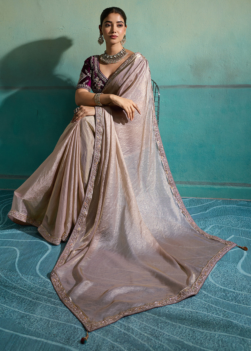 Buy Now Beige &amp; Purple Silky Velvet Satin Wedding Designer Saree Online in US, UK, Canada, France, Germany, Denmark, Sweden, Italy, UAE &amp; Worldwide at Empress.