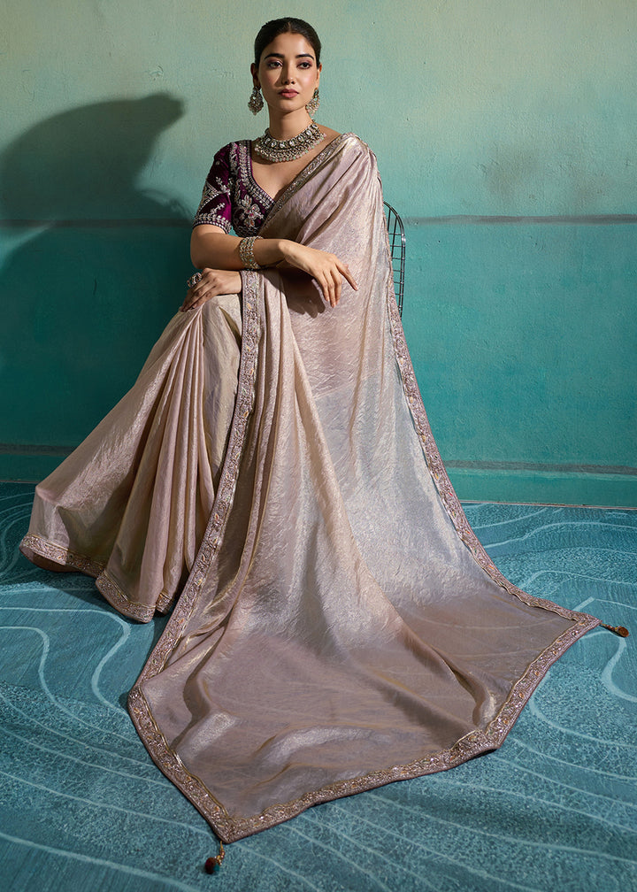Buy Now Beige &amp; Purple Silky Velvet Satin Wedding Designer Saree Online in US, UK, Canada, France, Germany, Denmark, Sweden, Italy, UAE &amp; Worldwide at Empress.