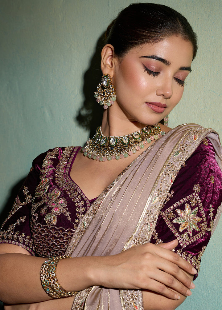 Buy Now Beige &amp; Purple Silky Velvet Satin Wedding Designer Saree Online in US, UK, Canada, France, Germany, Denmark, Sweden, Italy, UAE &amp; Worldwide at Empress.