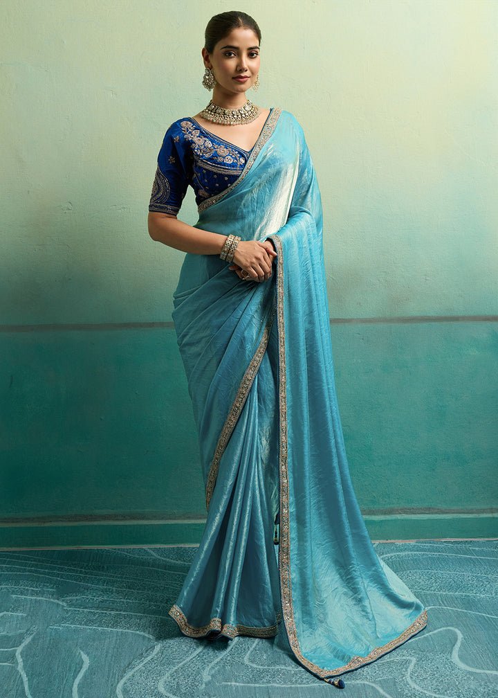Buy Now Turquoise &amp; Blue Silky Velvet Satin Wedding Designer Saree Online in US, UK, Canada, France, Germany, Denmark, Sweden, Italy, UAE &amp; Worldwide at Empress.
