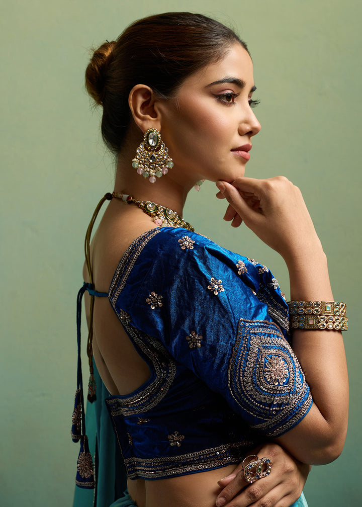 Buy Now Turquoise &amp; Blue Silky Velvet Satin Wedding Designer Saree Online in US, UK, Canada, France, Germany, Denmark, Sweden, Italy, UAE &amp; Worldwide at Empress.