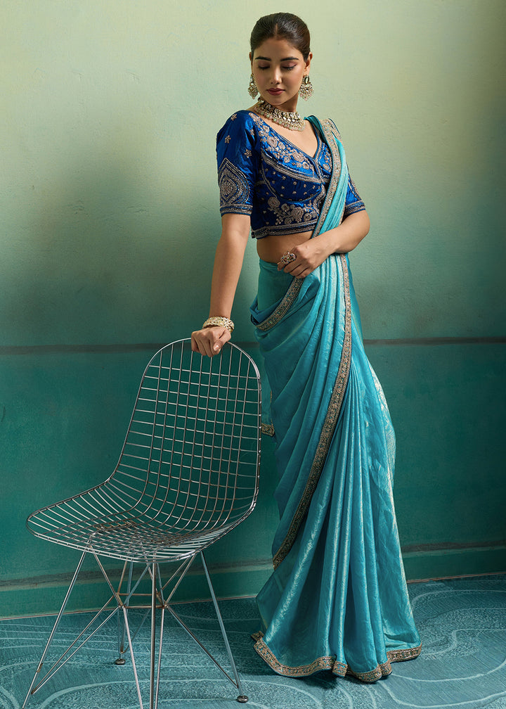 Buy Now Turquoise &amp; Blue Silky Velvet Satin Wedding Designer Saree Online in US, UK, Canada, France, Germany, Denmark, Sweden, Italy, UAE &amp; Worldwide at Empress.