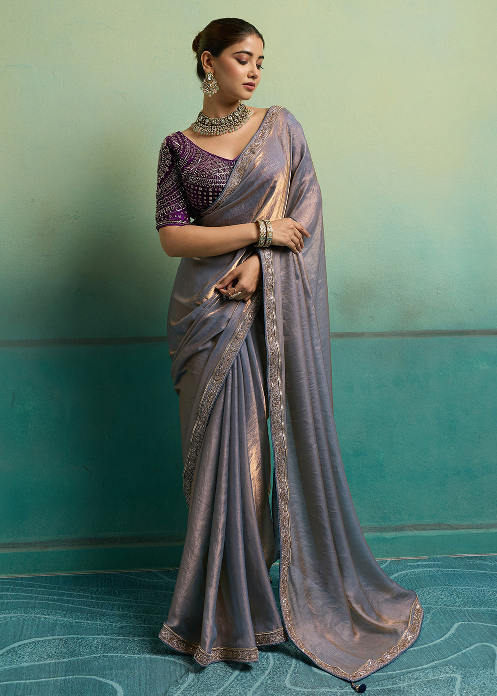 Buy Now Grey &amp; Purple Silky Velvet Satin Wedding Designer Saree Online in US, UK, Canada, France, Germany, Denmark, Sweden, Italy, UAE &amp; Worldwide at Empress.