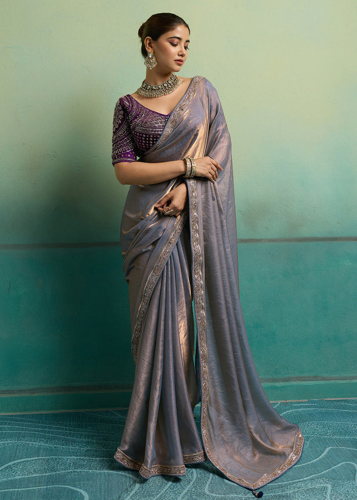Buy Now Grey &amp; Purple Silky Velvet Satin Wedding Designer Saree Online in US, UK, Canada, France, Germany, Denmark, Sweden, Italy, UAE &amp; Worldwide at Empress.