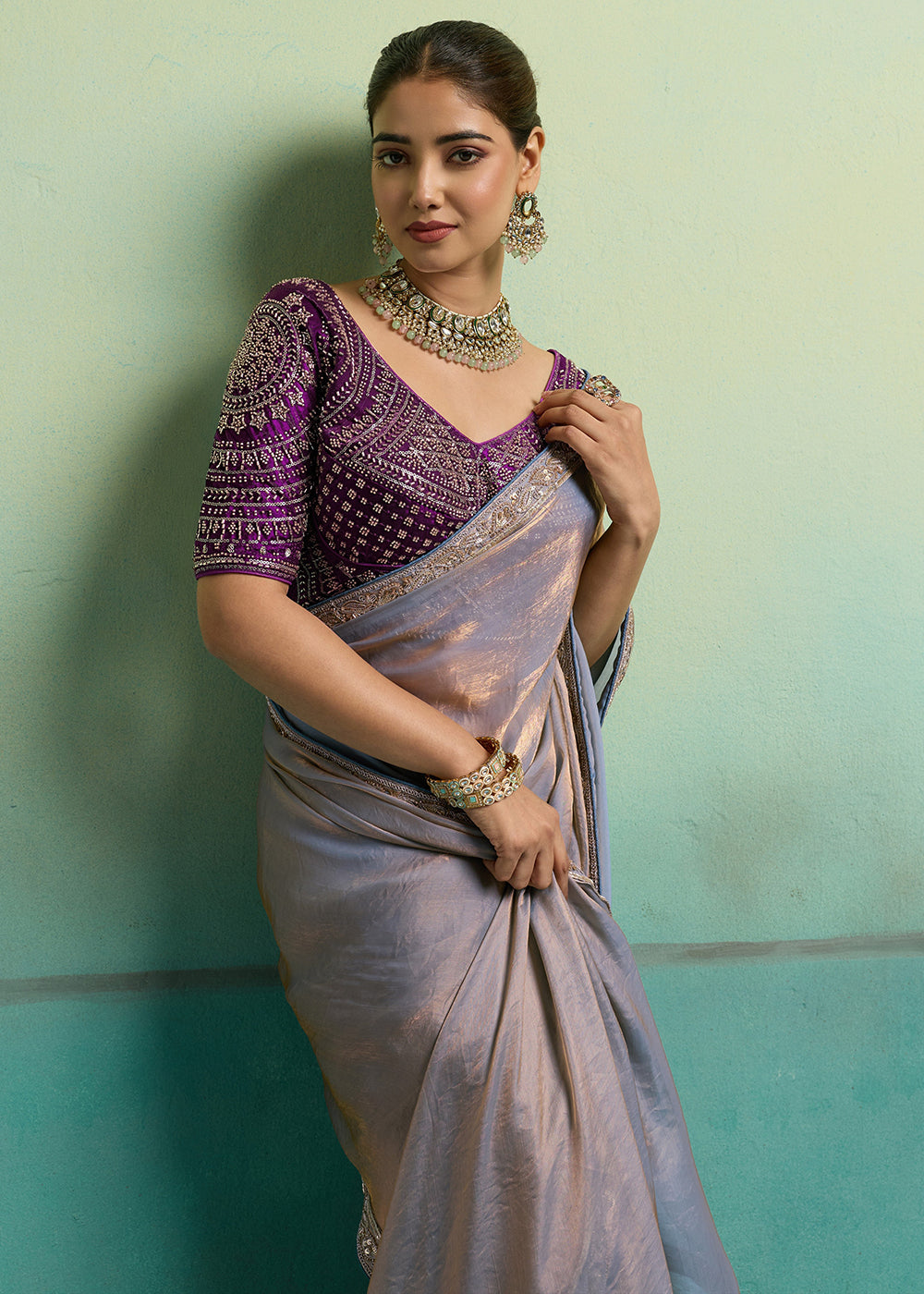 Buy Now Grey & Purple Silky Velvet Satin Wedding Designer Saree Online in US, UK, Canada, France, Germany, Denmark, Sweden, Italy, UAE & Worldwide at Empress.