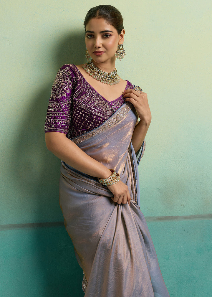 Buy Now Grey &amp; Purple Silky Velvet Satin Wedding Designer Saree Online in US, UK, Canada, France, Germany, Denmark, Sweden, Italy, UAE &amp; Worldwide at Empress.
