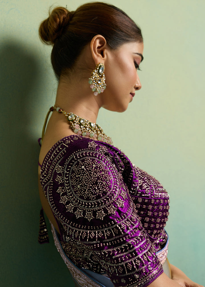 Buy Now Grey &amp; Purple Silky Velvet Satin Wedding Designer Saree Online in US, UK, Canada, France, Germany, Denmark, Sweden, Italy, UAE &amp; Worldwide at Empress.