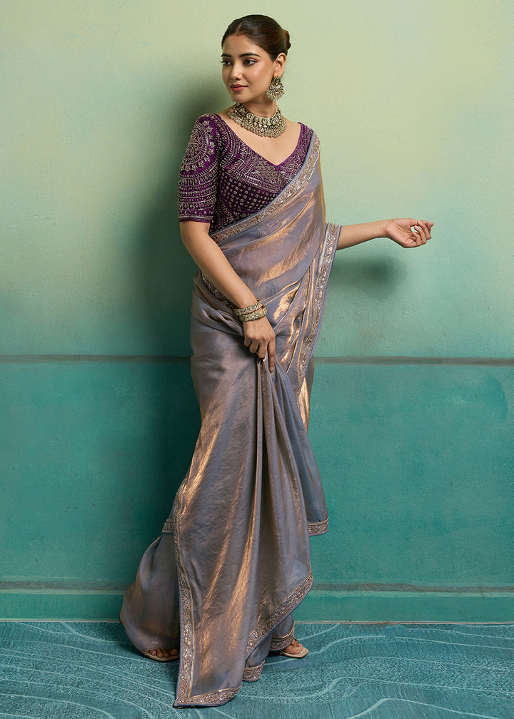 Buy Now Grey &amp; Purple Silky Velvet Satin Wedding Designer Saree Online in US, UK, Canada, France, Germany, Denmark, Sweden, Italy, UAE &amp; Worldwide at Empress.