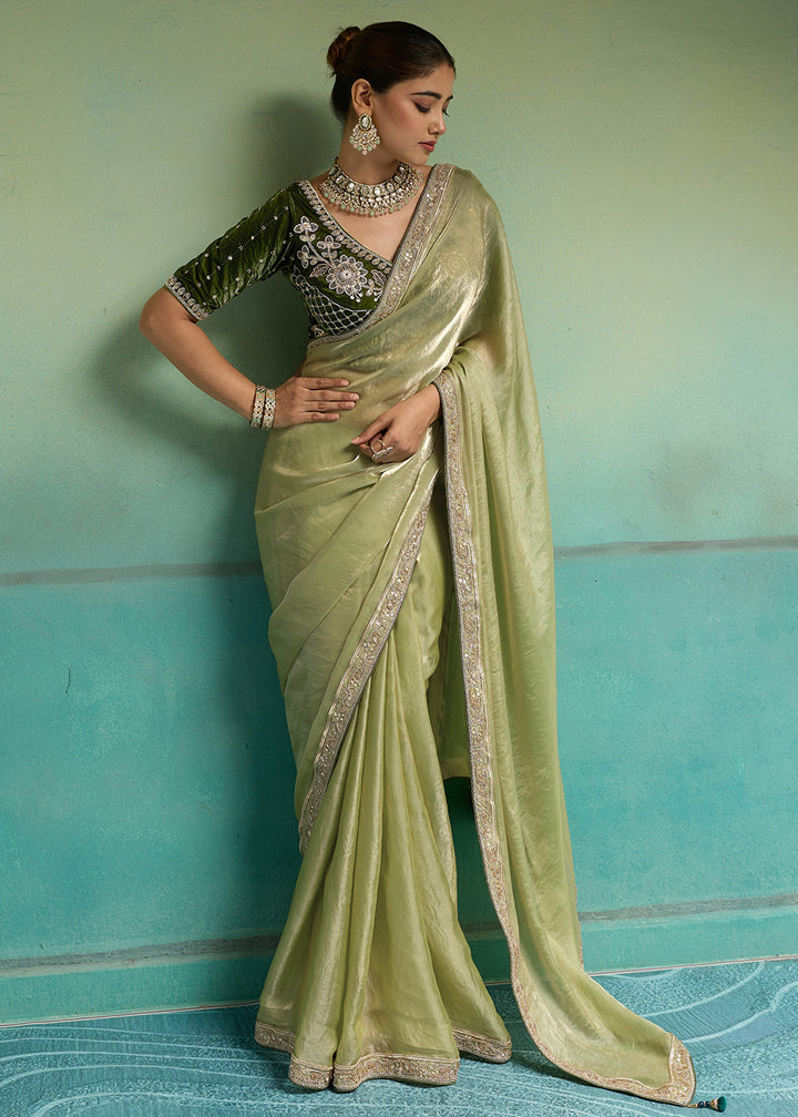 Buy Now Dual Green Silky Velvet Satin Wedding Designer Saree Online in US, UK, Canada, France, Germany, Denmark, Sweden, Italy, Greece &amp; Worldwide at Empress.