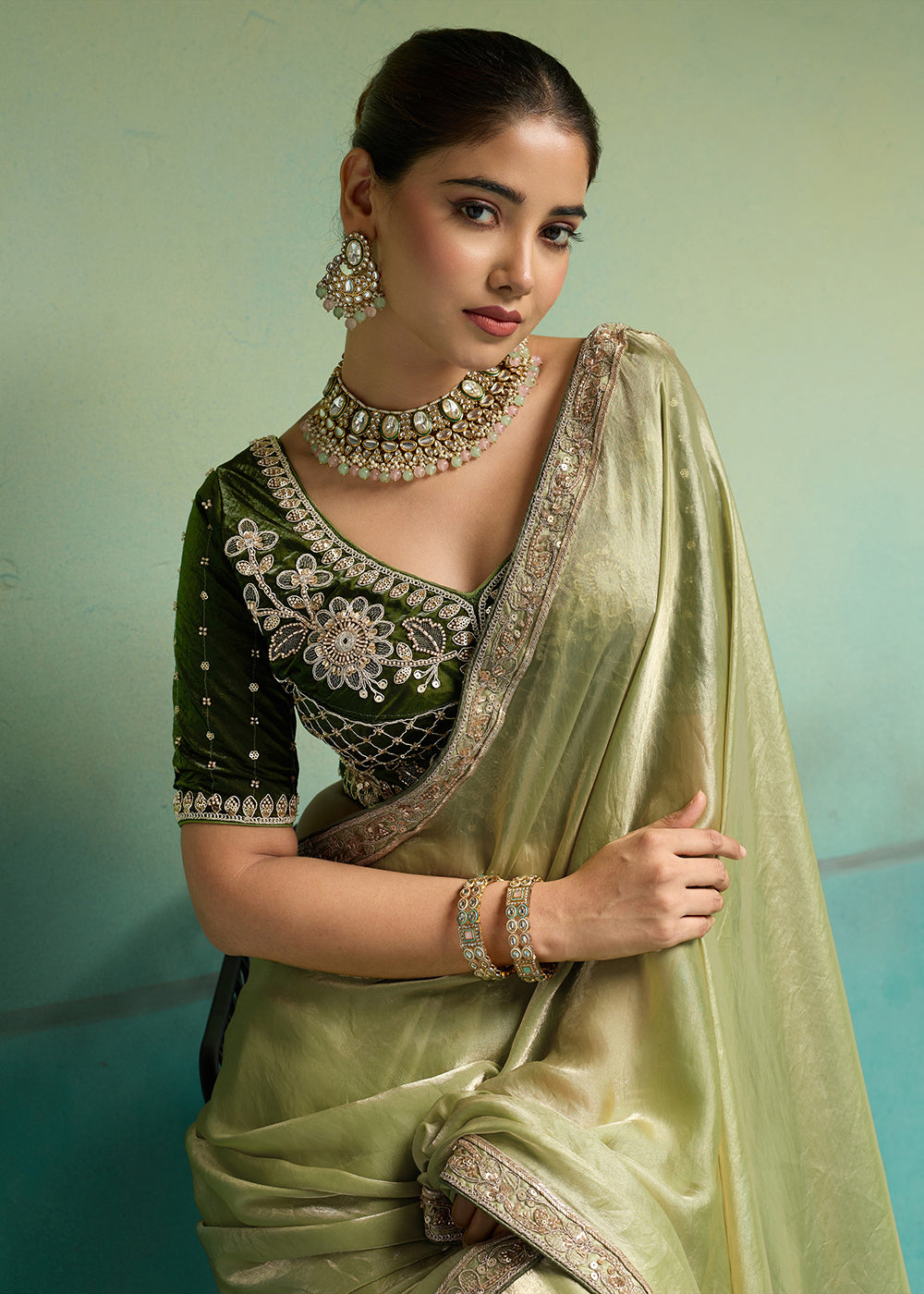 Buy Now Dual Green Silky Velvet Satin Wedding Designer Saree Online in US, UK, Canada, France, Germany, Denmark, Sweden, Italy, Greece &amp; Worldwide at Empress.