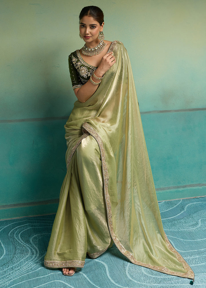 Buy Now Dual Green Silky Velvet Satin Wedding Designer Saree Online in US, UK, Canada, France, Germany, Denmark, Sweden, Italy, Greece &amp; Worldwide at Empress.