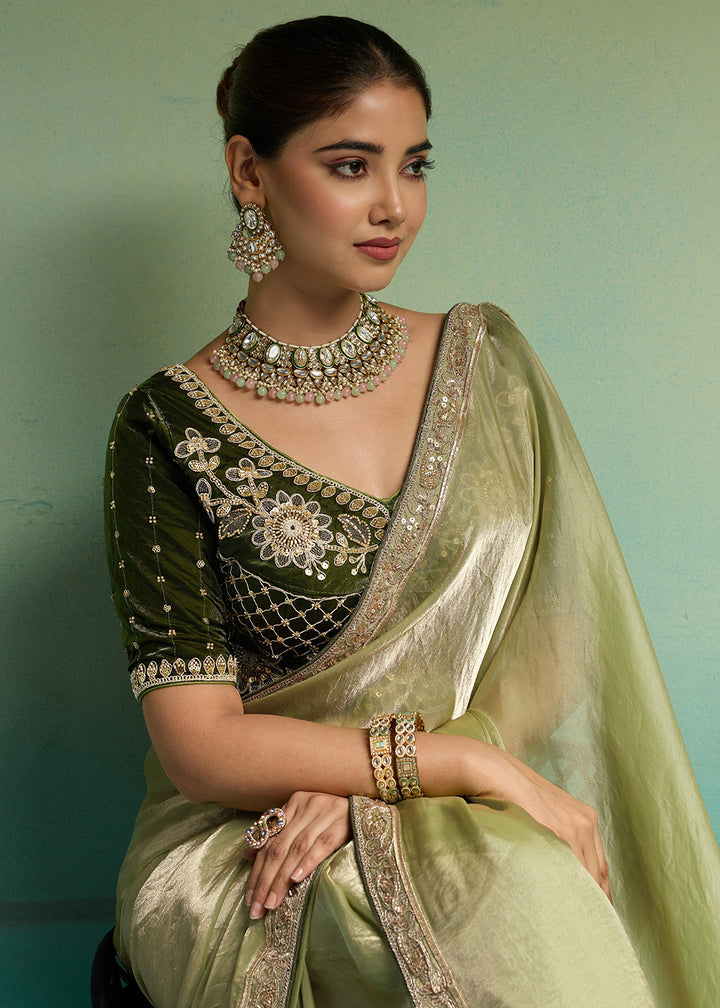 Buy Now Dual Green Silky Velvet Satin Wedding Designer Saree Online in US, UK, Canada, France, Germany, Denmark, Sweden, Italy, Greece &amp; Worldwide at Empress.