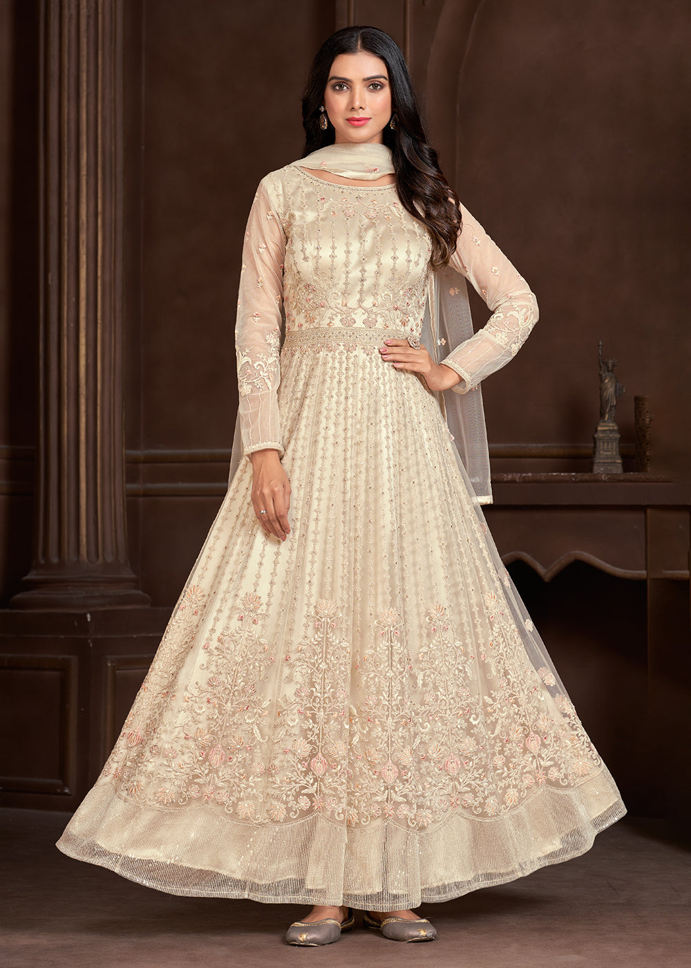 Buy Now Elegant Off White Butterfly Net Designer Anarkali Suit Online in USA, UK, Australia, New Zealand, Canada & Worldwide at Empress Clothing.