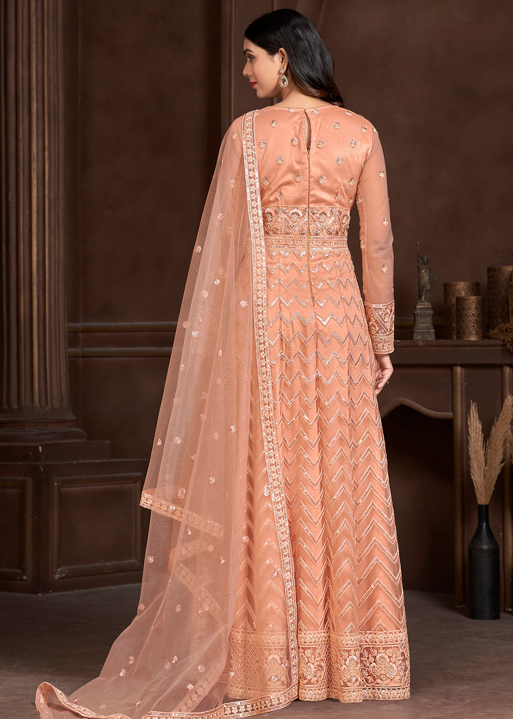Buy Now Elegant Peach Butterfly Net Designer Anarkali Suit Online in USA, UK, Australia, New Zealand, Canada & Worldwide at Empress Clothing. 