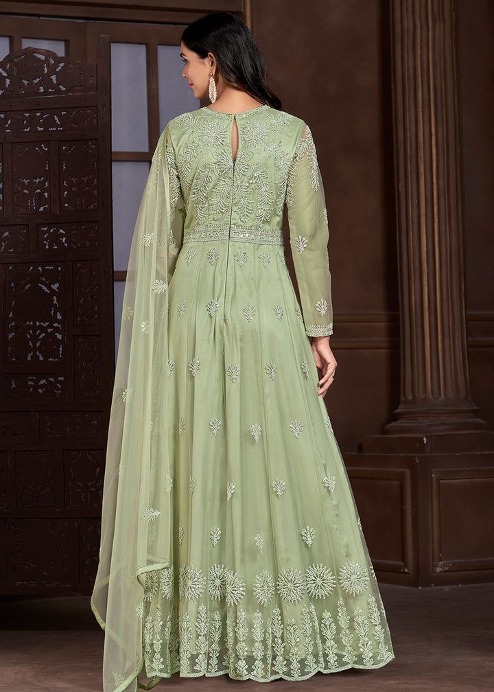 Buy Now Elegant Green Butterfly Net Designer Anarkali Suit Online in USA, UK, Australia, New Zealand, Canada & Worldwide at Empress Clothing.